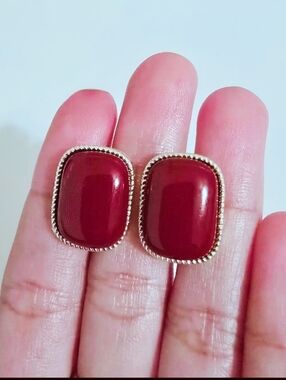 Gold-Trim Red Stone Stud Earrings - Women Jewelry